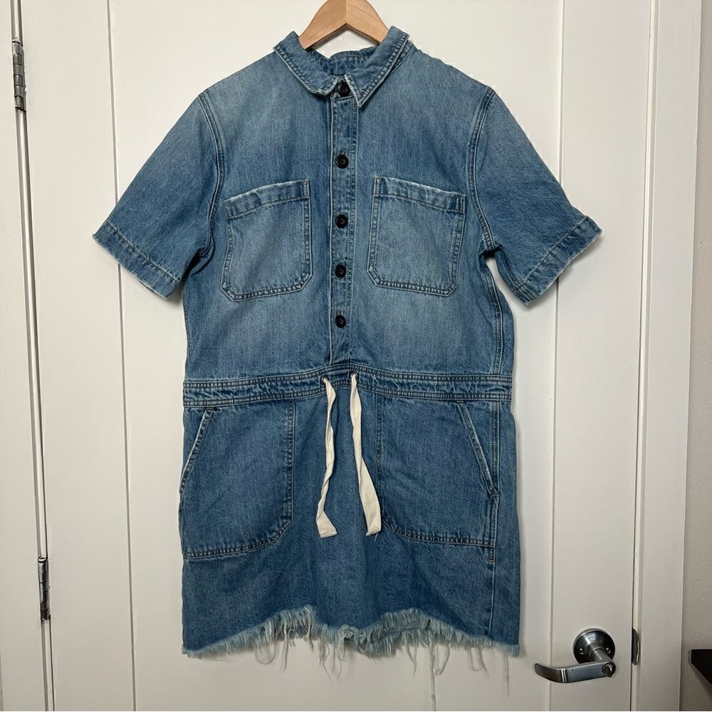 Lucky Brand Womens Jean Dress Large Drawstring Button Up Fray Hem Short Sleeve